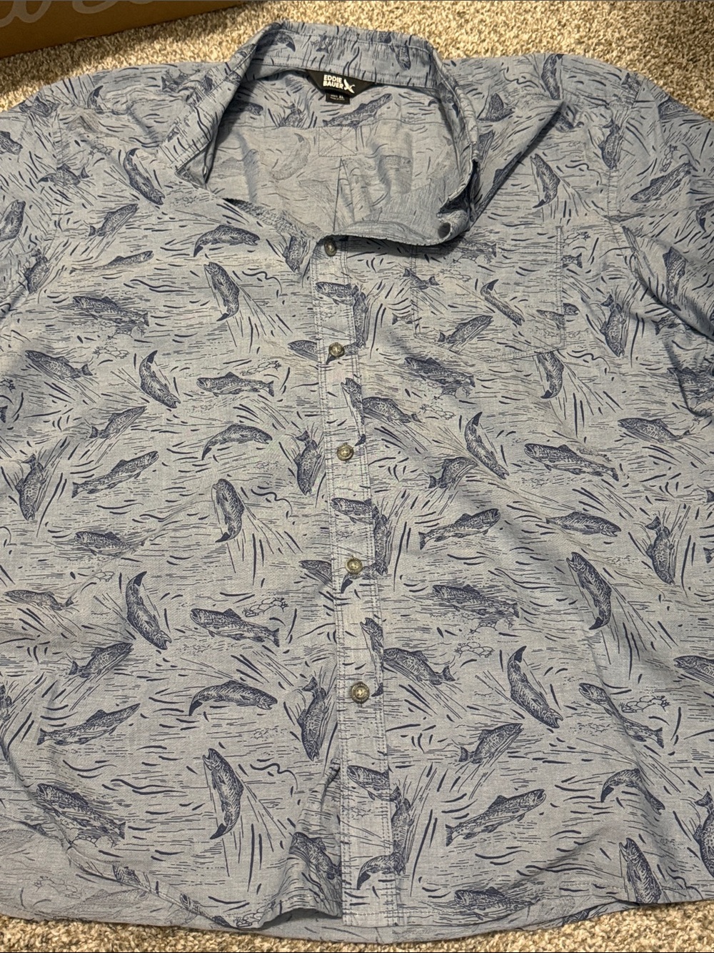 Eddie Bauer Light Blue Button-Down Shirt with Navy Fish Print